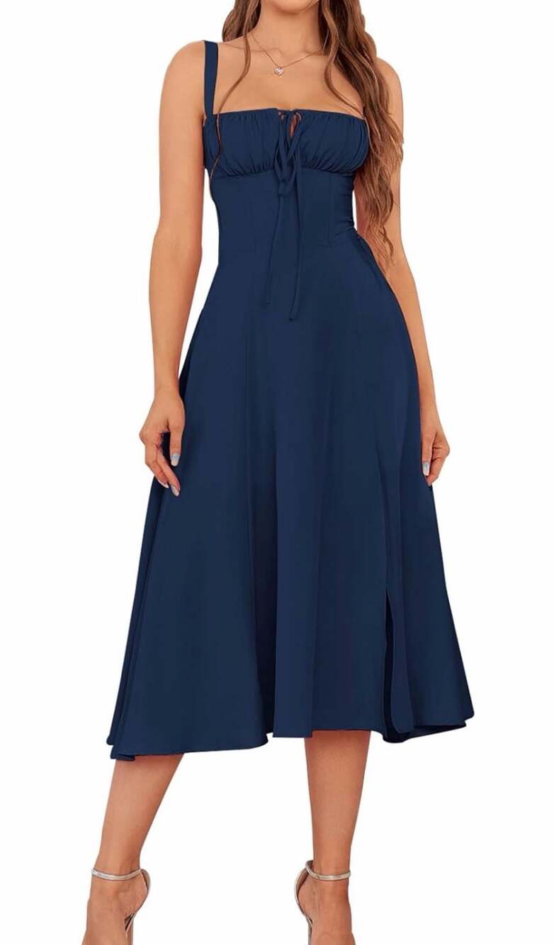 GLNEGE Ruched Bust Lace-Up Back Midi Corset Dress with Slit